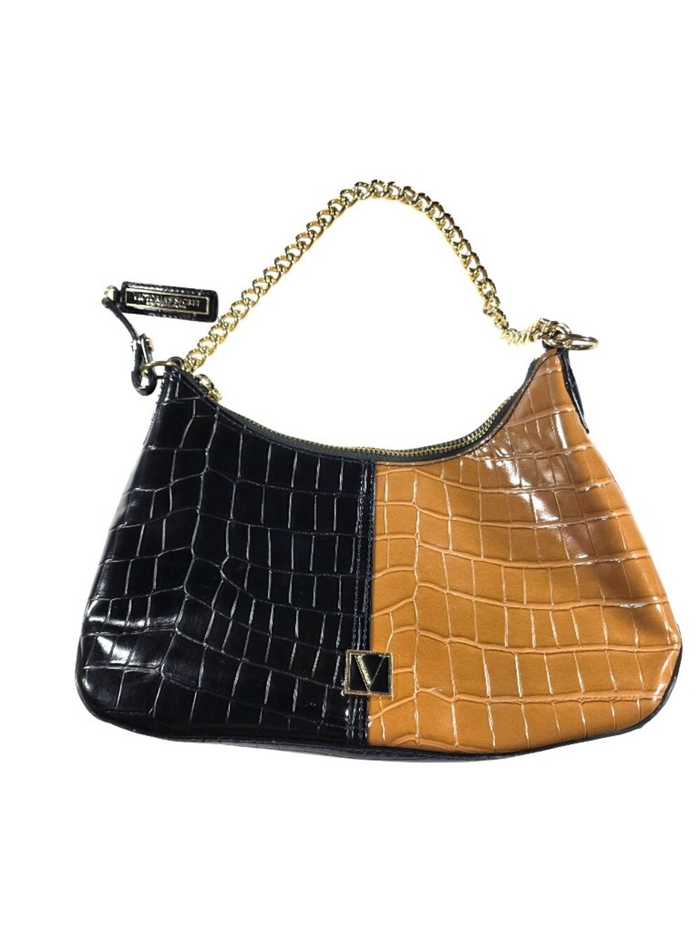 Victorias Secret Bond Street London Black & Tan Croc-Embossed Chain Shoulder Bag